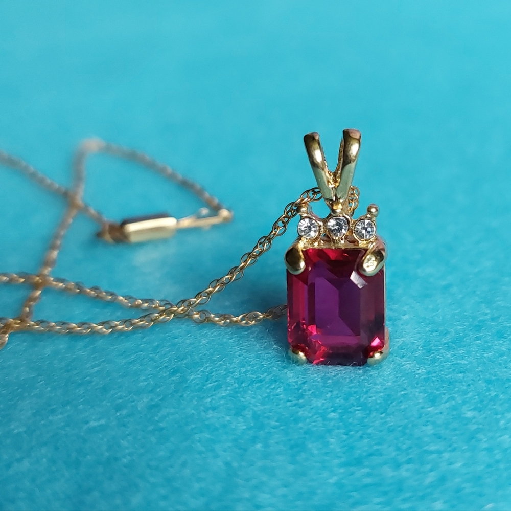 Simulated Emerald Cut Ruby w/Rhinestones Pendant Estate Necklace w/14k GF Chain